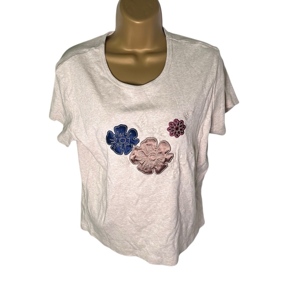 Vtg 90s Cascade Blue Floral Embellished Short Sleeve Tee Sand PL 14